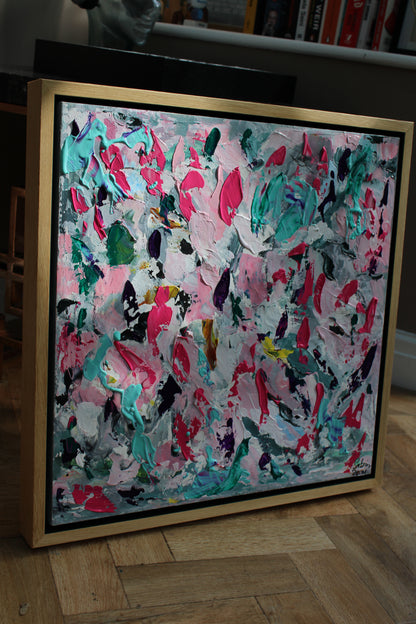 Abstract Original Oil Painting On 50x50cm canvas textured Painting ‘Summer Garden’ Oka framed in solid oak frame