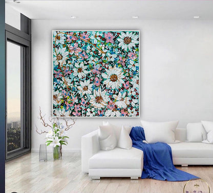 Original Abstract Oil Painting On deep edge Canvas 100x100cm Daisies & more Flowers Textured