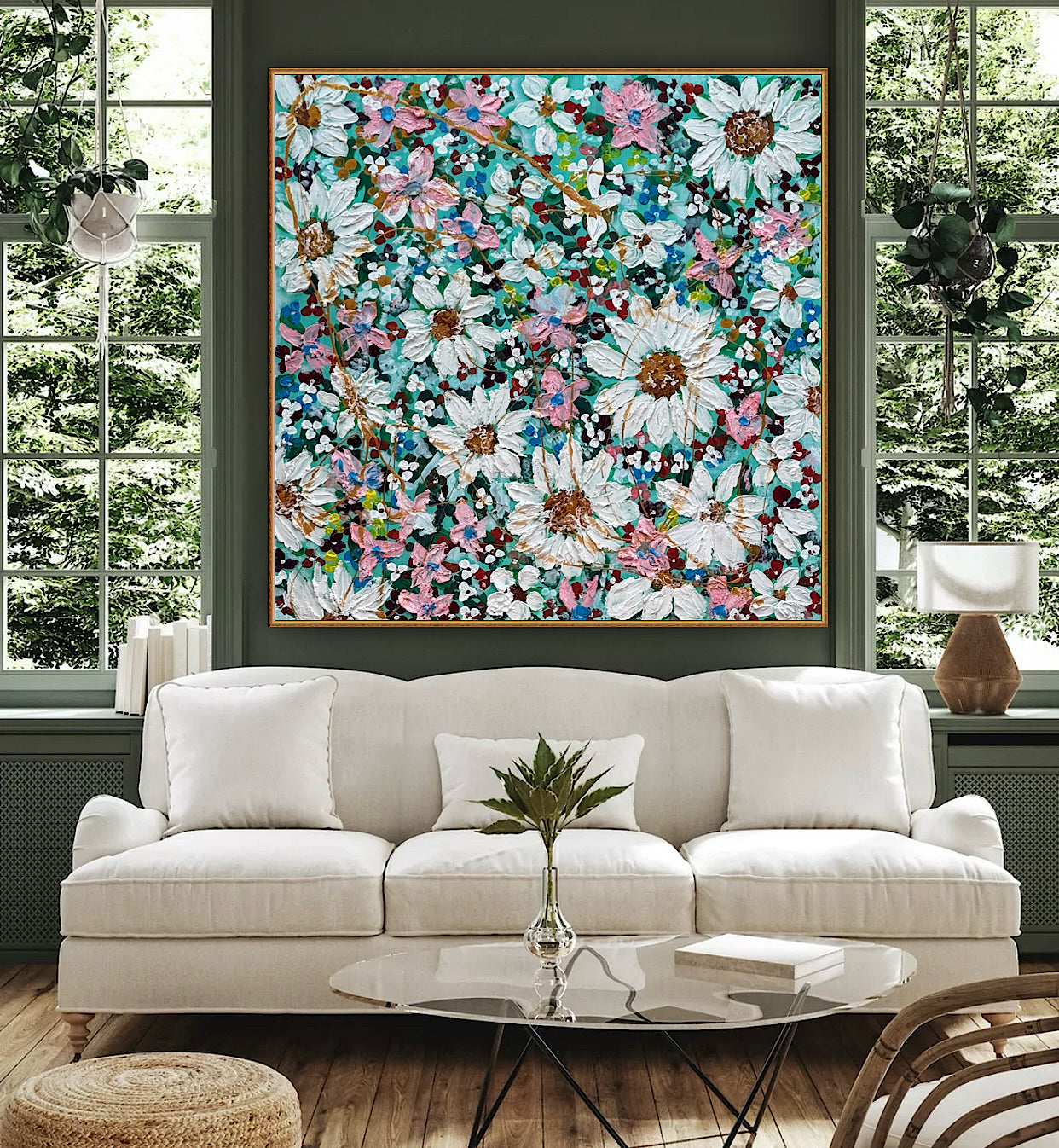 Original Abstract Oil Painting On deep edge Canvas 100x100cm Daisies & more Flowers Textured