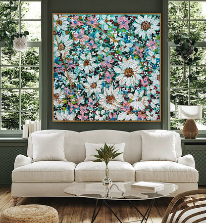 Original Abstract Oil Painting On deep edge Canvas 100x100cm Daisies & more Flowers Textured
