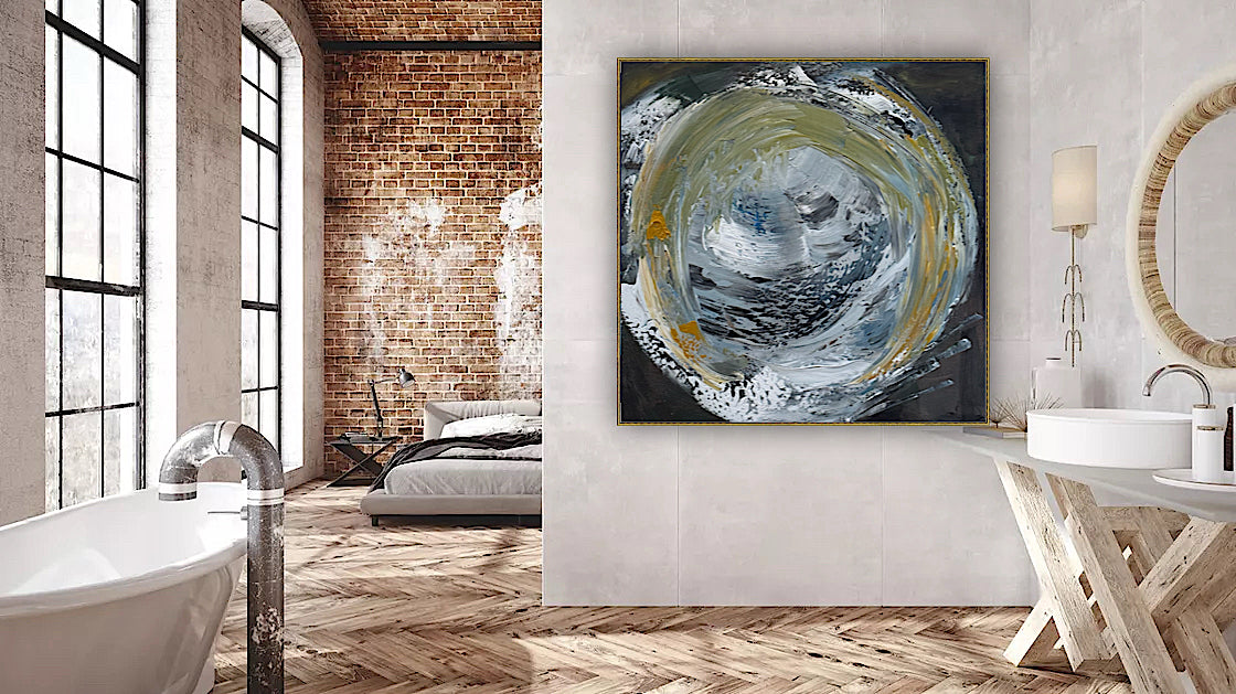 Original Abstract mixed media oil acrylic wax Painting On Canvas 50x50cm Gold & Ash Orbit oka