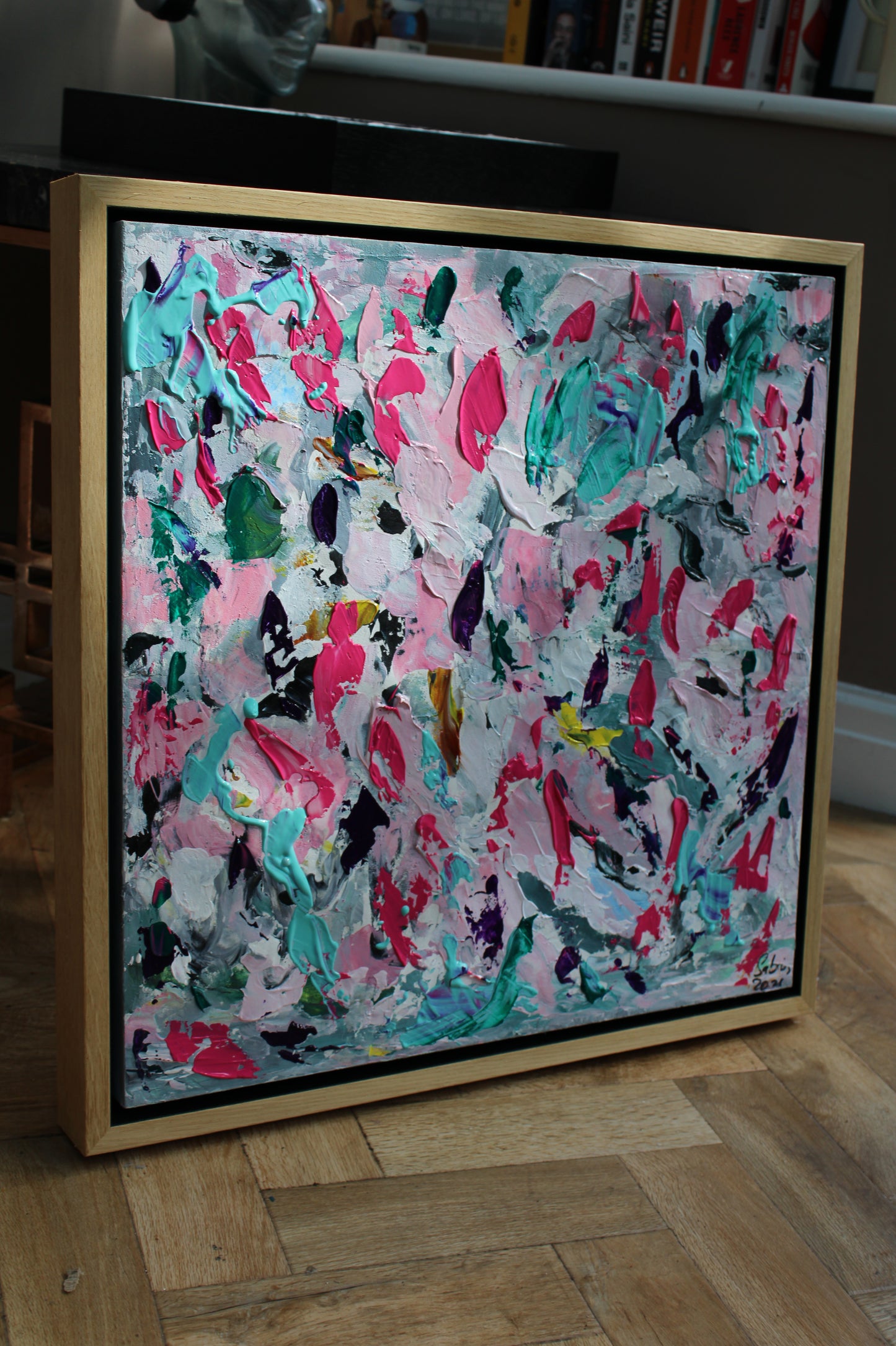 Abstract Original Oil Painting On 50x50cm canvas textured Painting ‘Summer Garden’ Oka framed in solid oak frame
