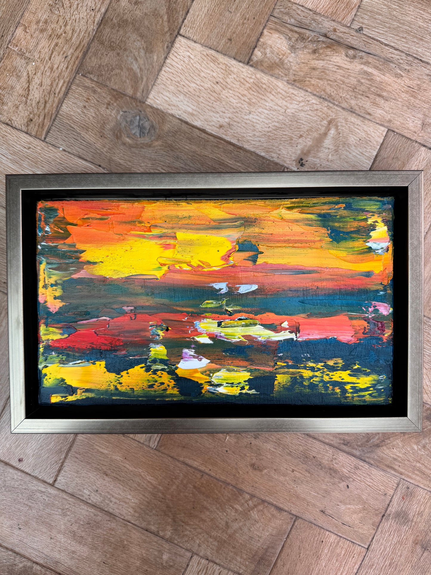Framed in gold Original Abstract contemporary Oil Painting On Canvas 35x22cm Molten Sky