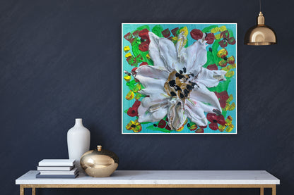 Modern Abstract Original Oil Paintings On 4cm deep Canvas ‘white flower ’  15x15cm textured