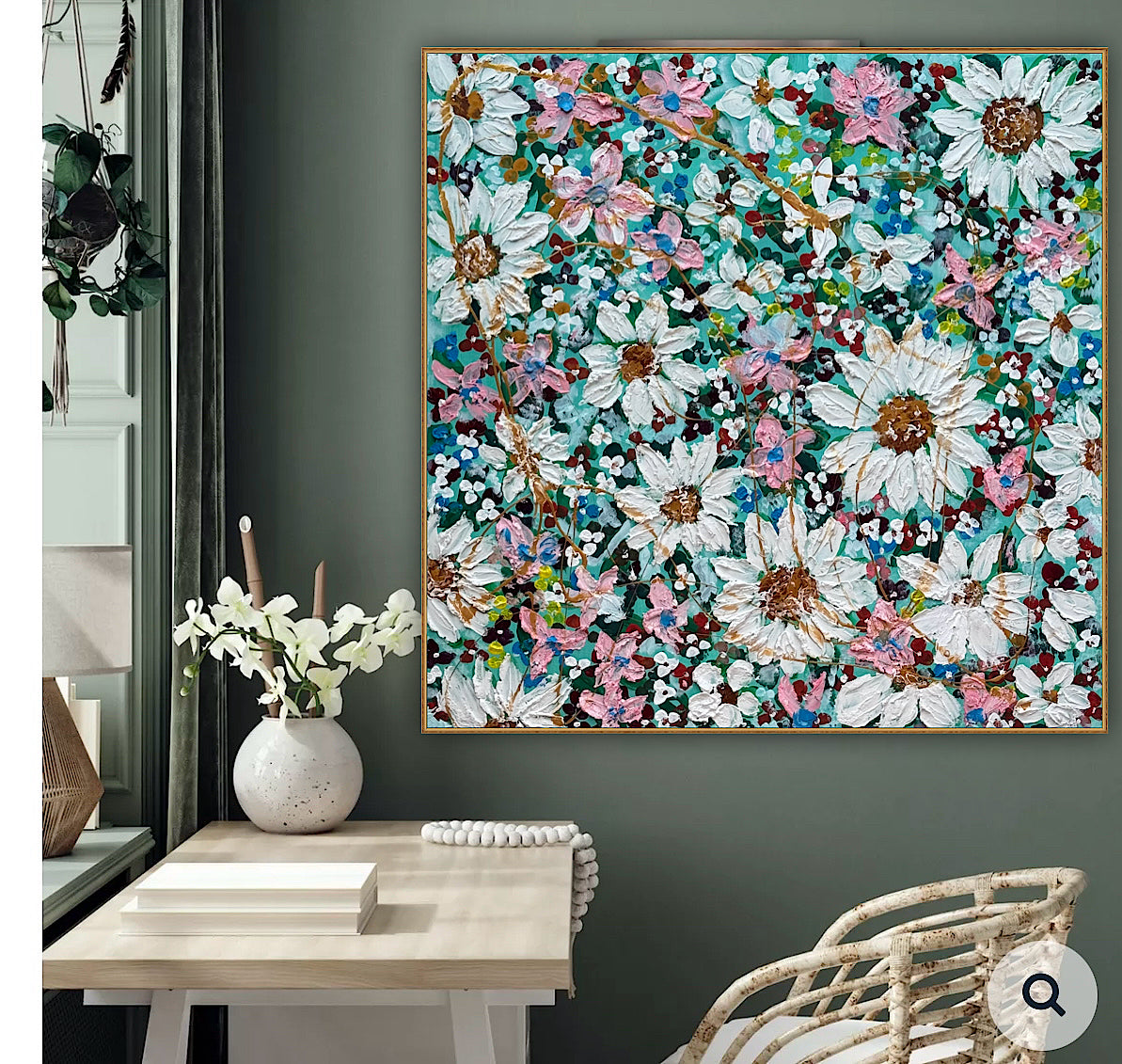 Original Abstract Oil Painting On deep edge Canvas 100x100cm Daisies & more Flowers Textured