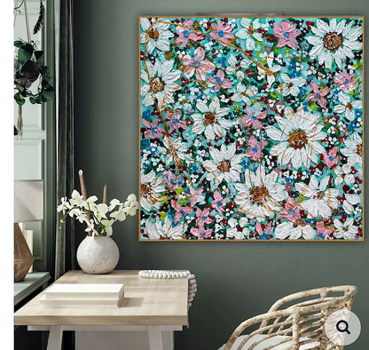 Original Abstract Oil Painting On deep edge Canvas 100x100cm Daisies & more Flowers Textured