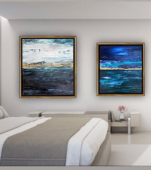 Framed in gold oak frame Original Abstract contemporary Oil Painting On Canvas 55x50cm  textured Oka Night Ocean