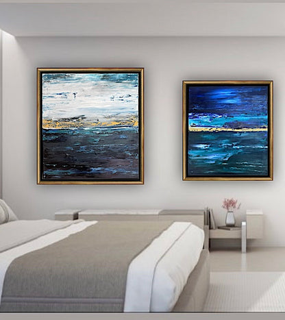 Framed in gold oak frame Original Abstract contemporary Oil Painting On Canvas 55x50cm  textured Oka Night Ocean