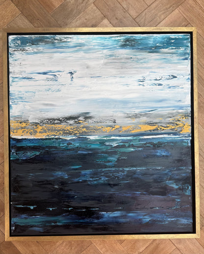 Framed in gold oak frame Original Abstract contemporary Oil Painting On Canvas 77x70cm  textured Oka Coastal Line