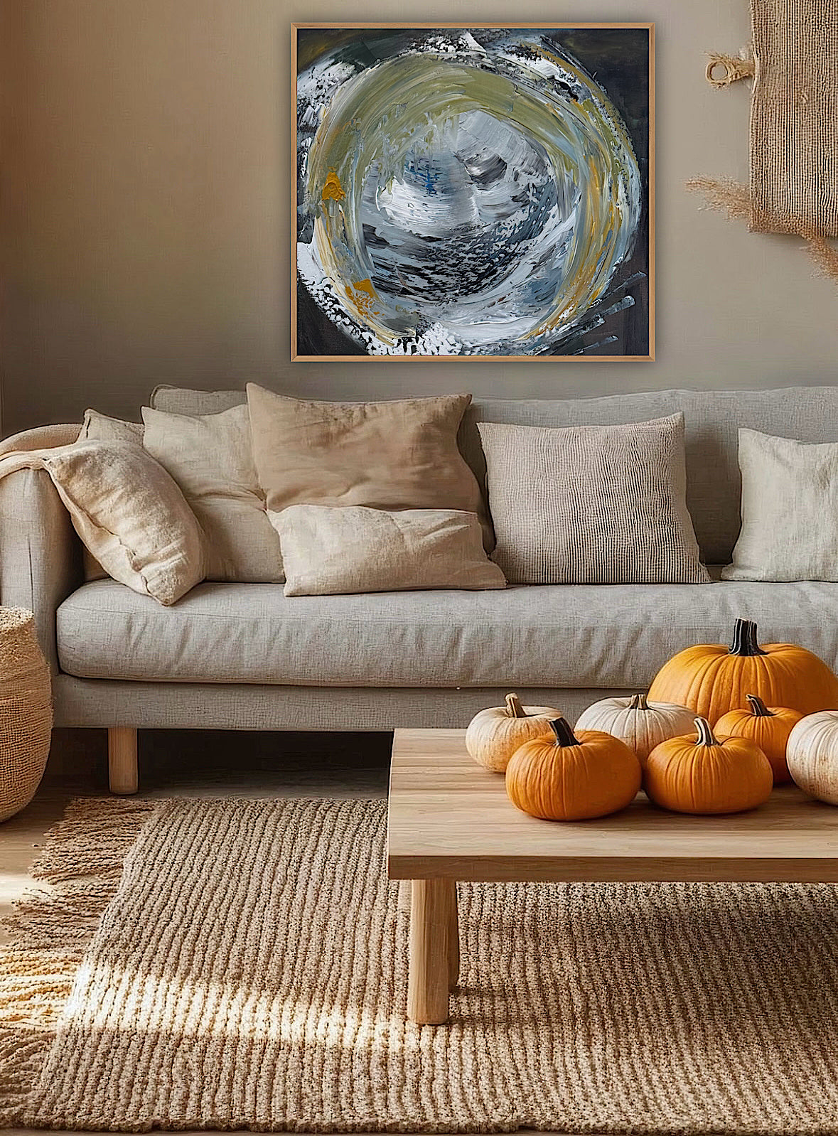 Original Abstract mixed media oil acrylic wax Painting On Canvas 50x50cm Gold & Ash Orbit oka