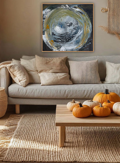 Original Abstract mixed media oil acrylic wax Painting On Canvas 50x50cm Gold & Ash Orbit oka