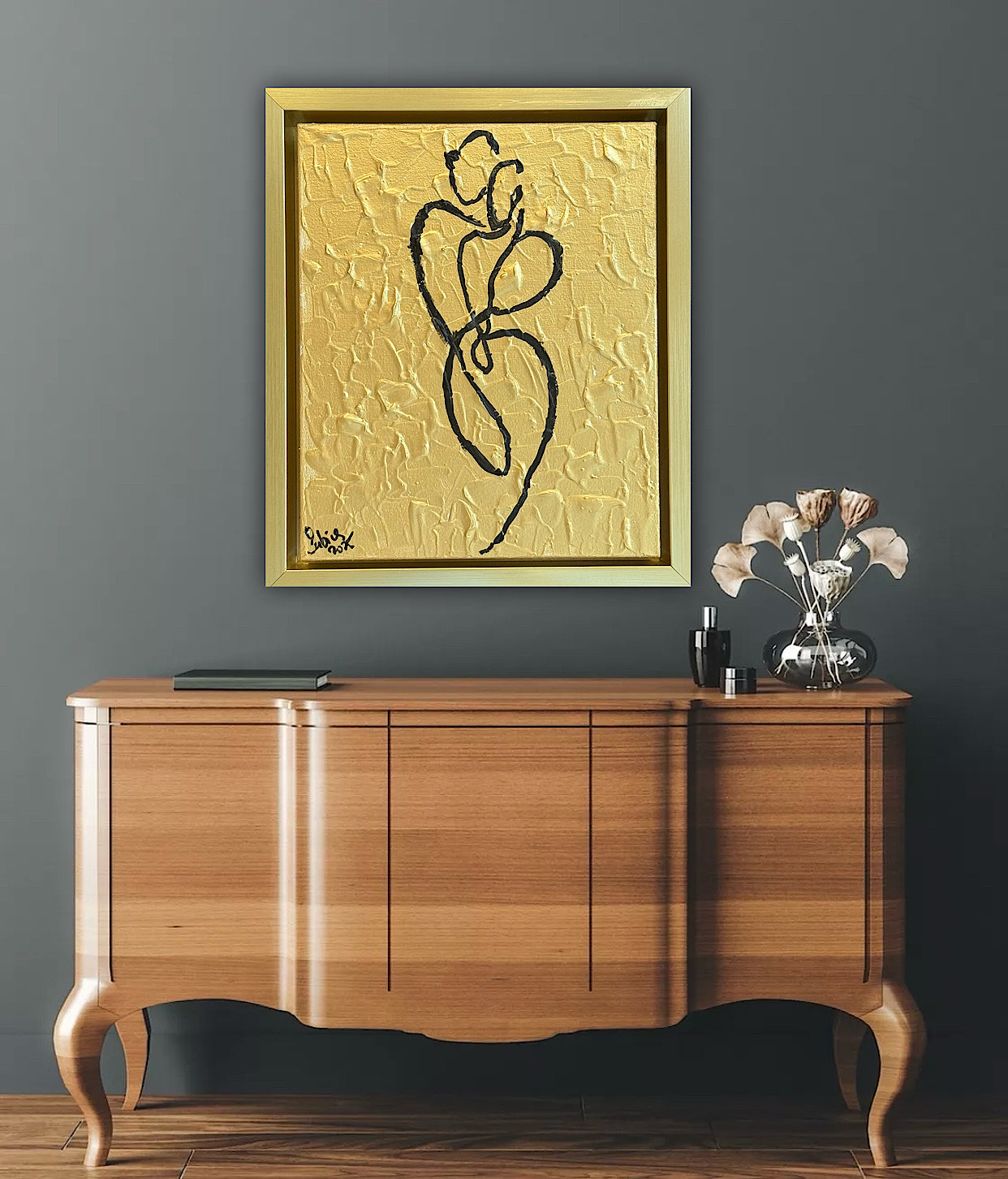 Framed in gold Original Abstract contemporary Oil Painting On Canvas 25 x 29cm Lovers Oka