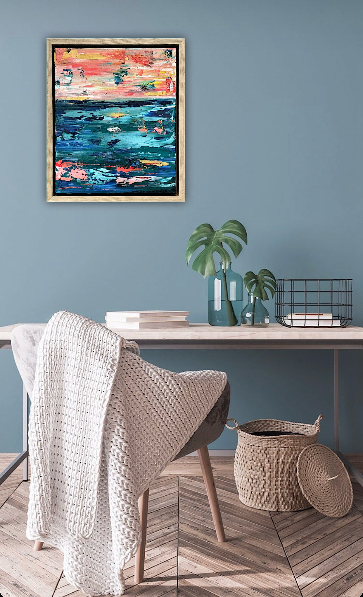 Framed in oak Original Abstract contemporary Oil Painting On Canvas 40x35cm  textured Oka Azure Ember