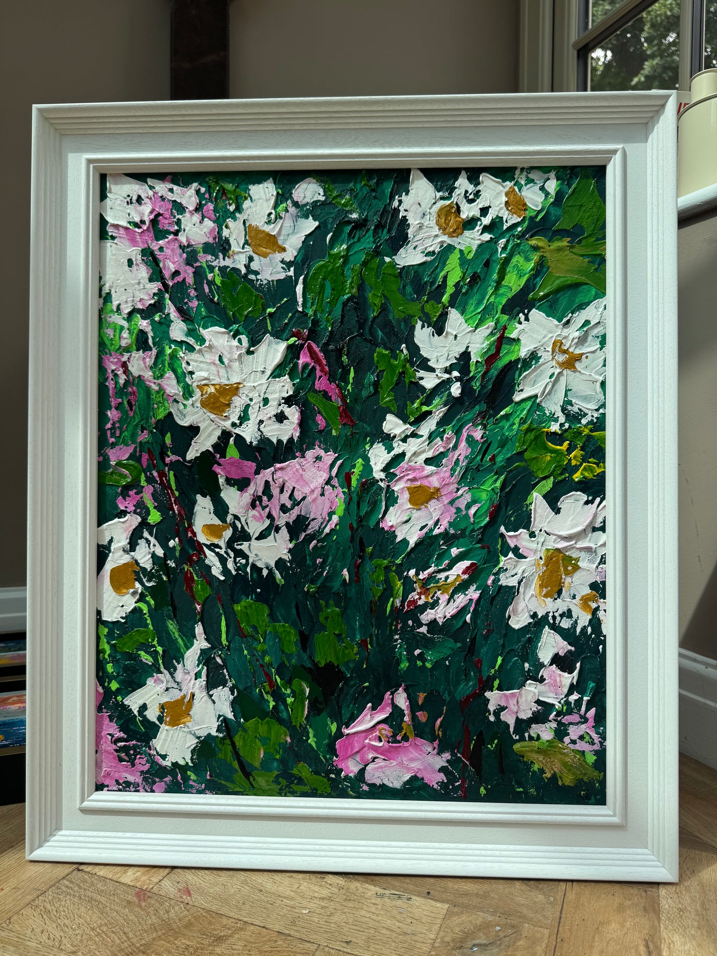 Original Abstract Oil Painting On Canvas framed 60 x 50cm garden white flowers II Oka