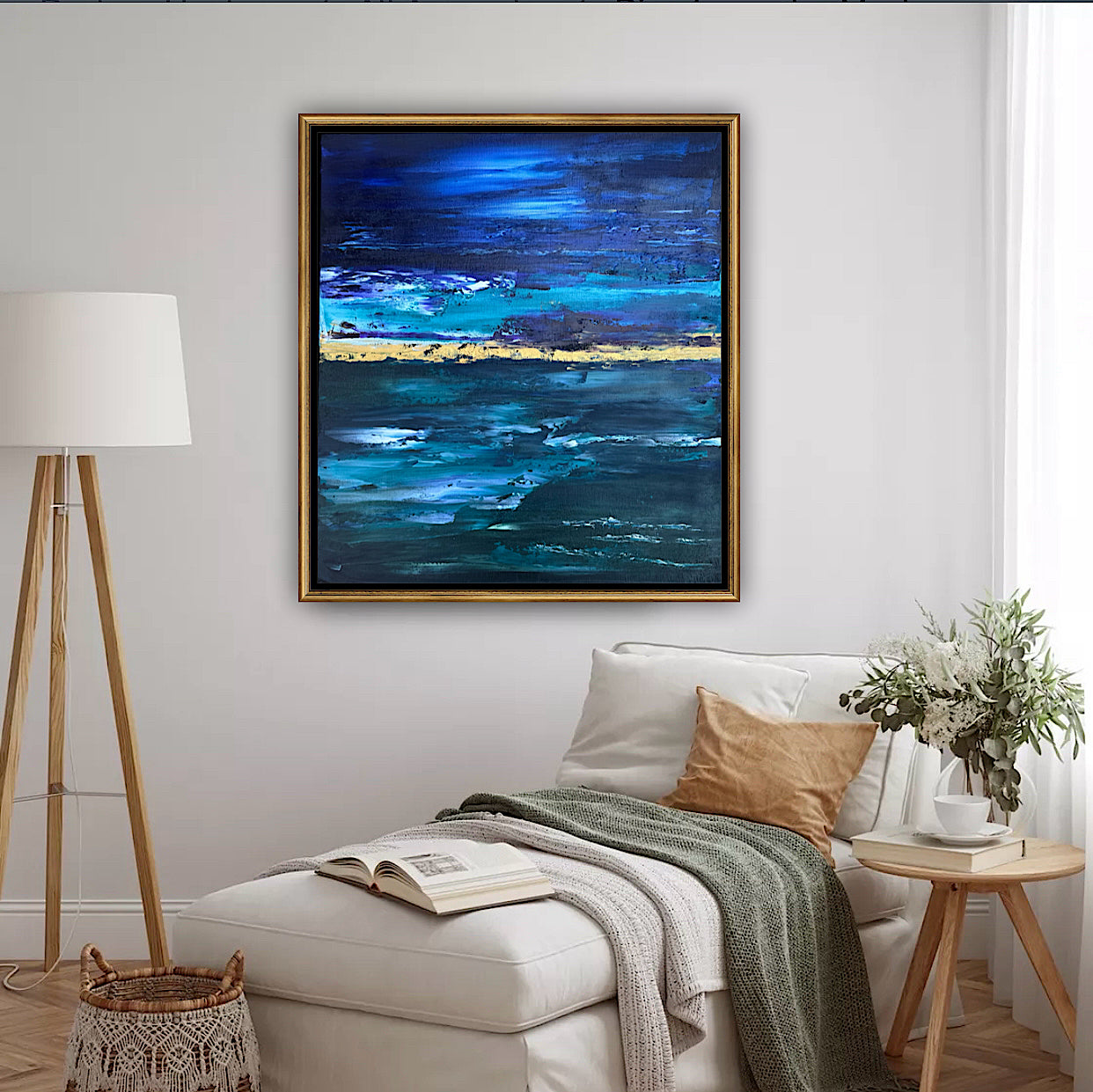 Framed in gold oak frame Original Abstract contemporary Oil Painting On Canvas 55x50cm  textured Oka Night Ocean