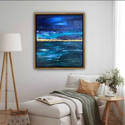 Framed in gold oak frame Original Abstract contemporary Oil Painting On Canvas 55x50cm  textured Oka Night Ocean