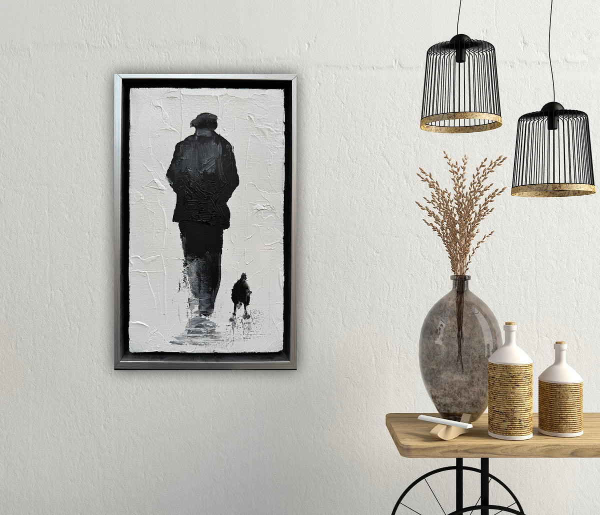 Framed in silver textured Original Contemporary Abstract Oil Painting On Canvas 22x35cm Pals (man and his dog)
