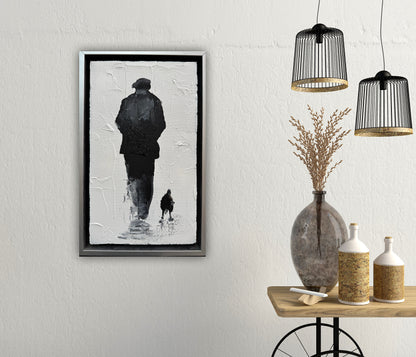 Framed in silver textured Original Contemporary Abstract Oil Painting On Canvas 22x35cm Pals (man and his dog)