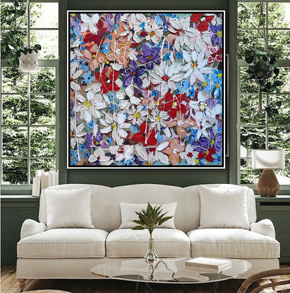 Framed Original Abstract Oil Painting On Canvas 80x80cm Roses & more Flowers Textured