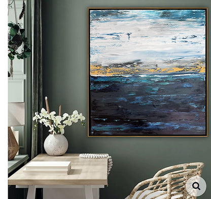 Framed in gold oak frame Original Abstract contemporary Oil Painting On Canvas 77x70cm  textured Oka Coastal Line