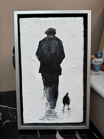Framed in silver textured Original Contemporary Abstract Oil Painting On Canvas 22x35cm Pals (man and his dog)