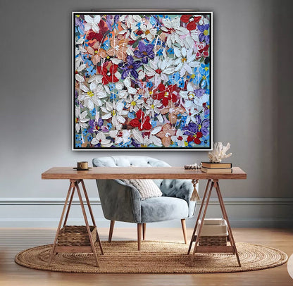 Framed Original Abstract Oil Painting On Canvas 80x80cm Roses & more Flowers Textured