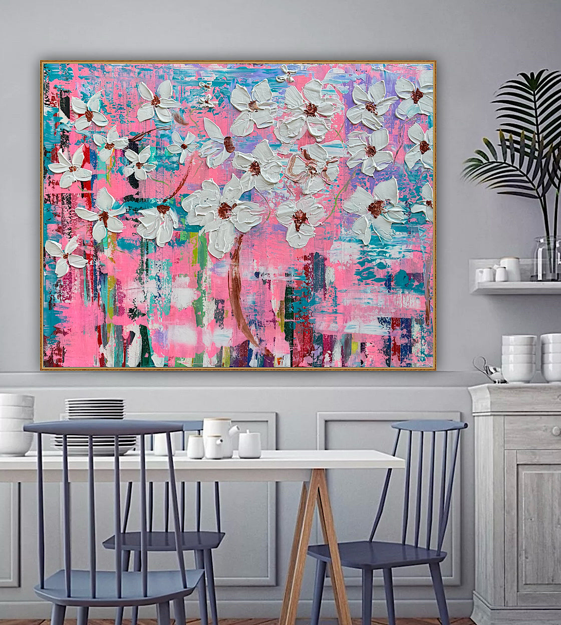 Large Abstract Original Oil Painting On 100x77cm canvas ‘White Flowers ’ vogue oka