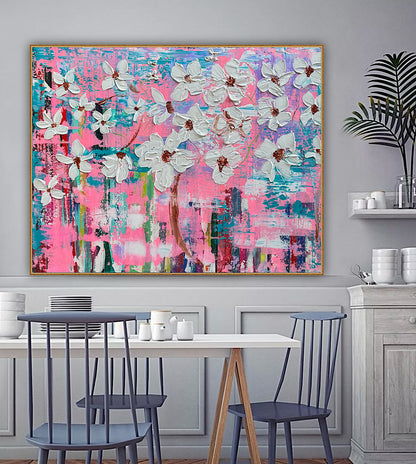 Large Abstract Original Oil Painting On 100x77cm canvas ‘White Flowers ’ vogue oka