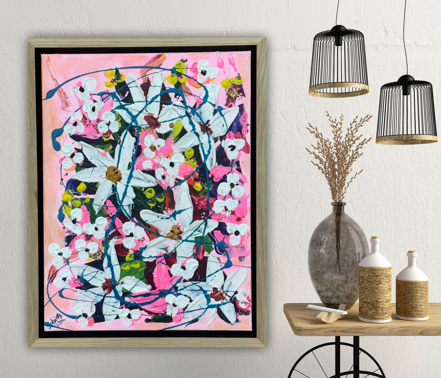 Framed Original Abstract contemporary Oil Painting On Canvas 40 x 30cm white Flowers Oka