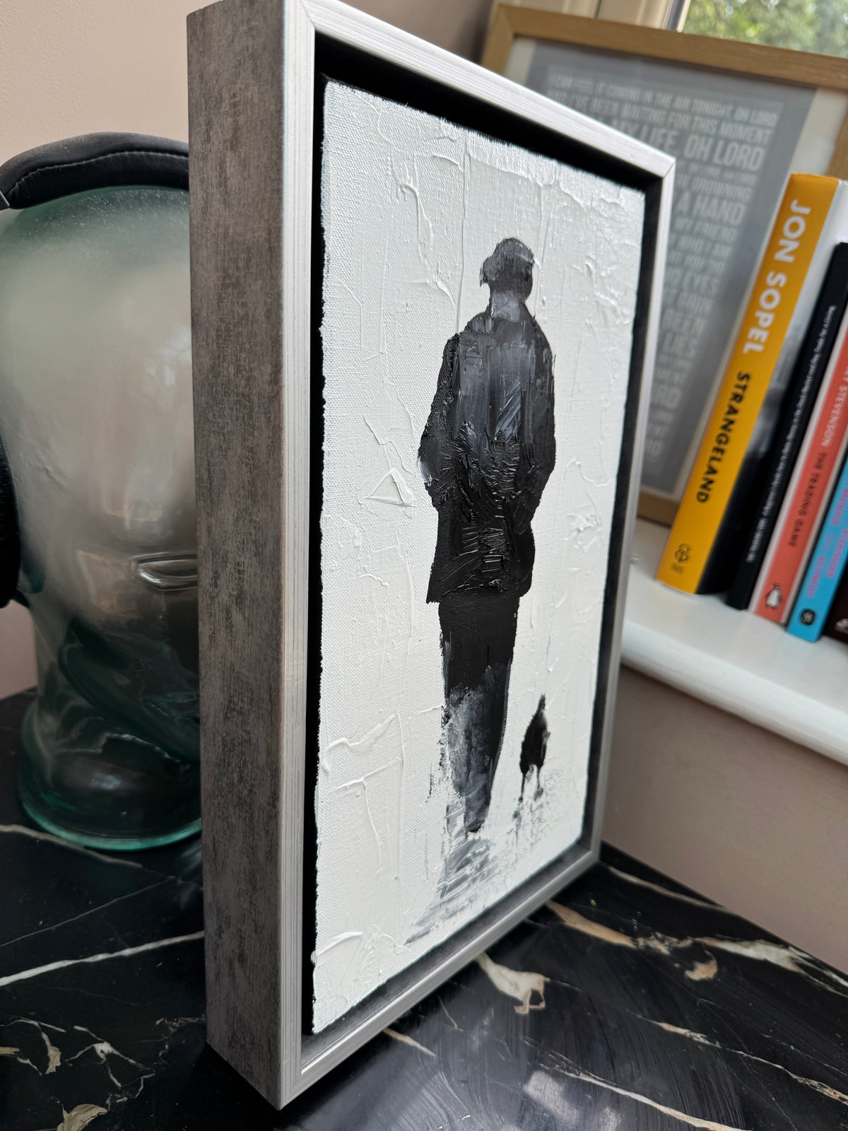 Framed in silver textured Original Contemporary Abstract Oil Painting On Canvas 22x35cm Pals (man and his dog)