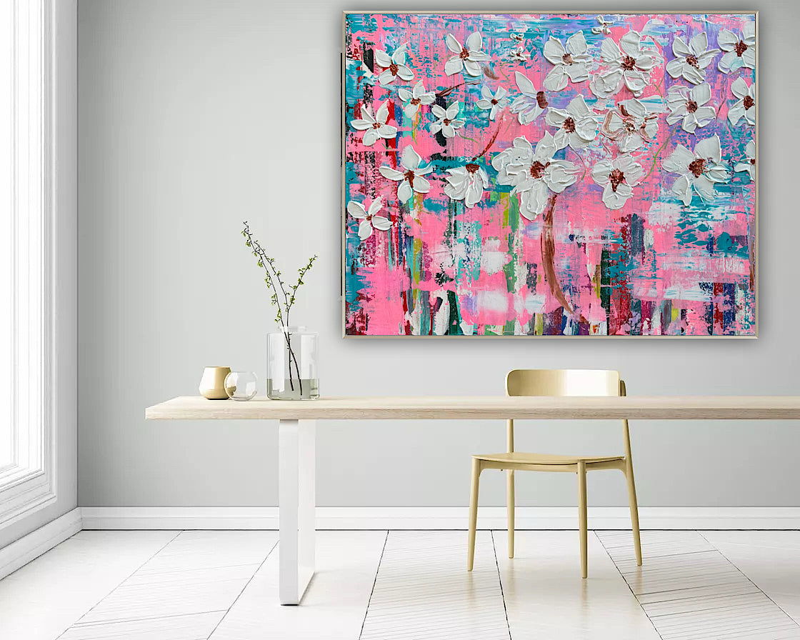 Large Abstract Original Oil Painting On 100x77cm canvas ‘White Flowers ’ vogue oka