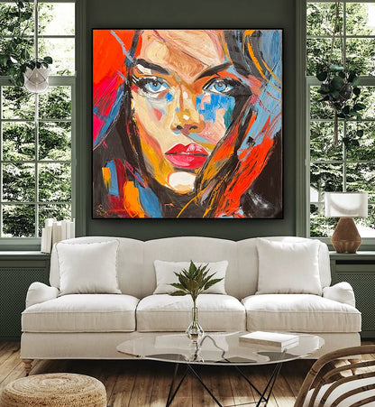 Richter Style Abstract Original Oil Painting On 100 x 100cm canvas Blue eyes  woman portrait