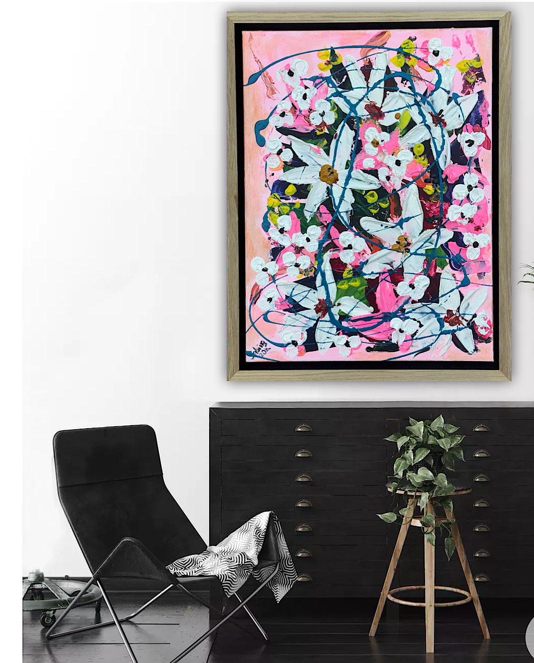 Framed Original Abstract contemporary Oil Painting On Canvas 40 x 30cm white Flowers Oka