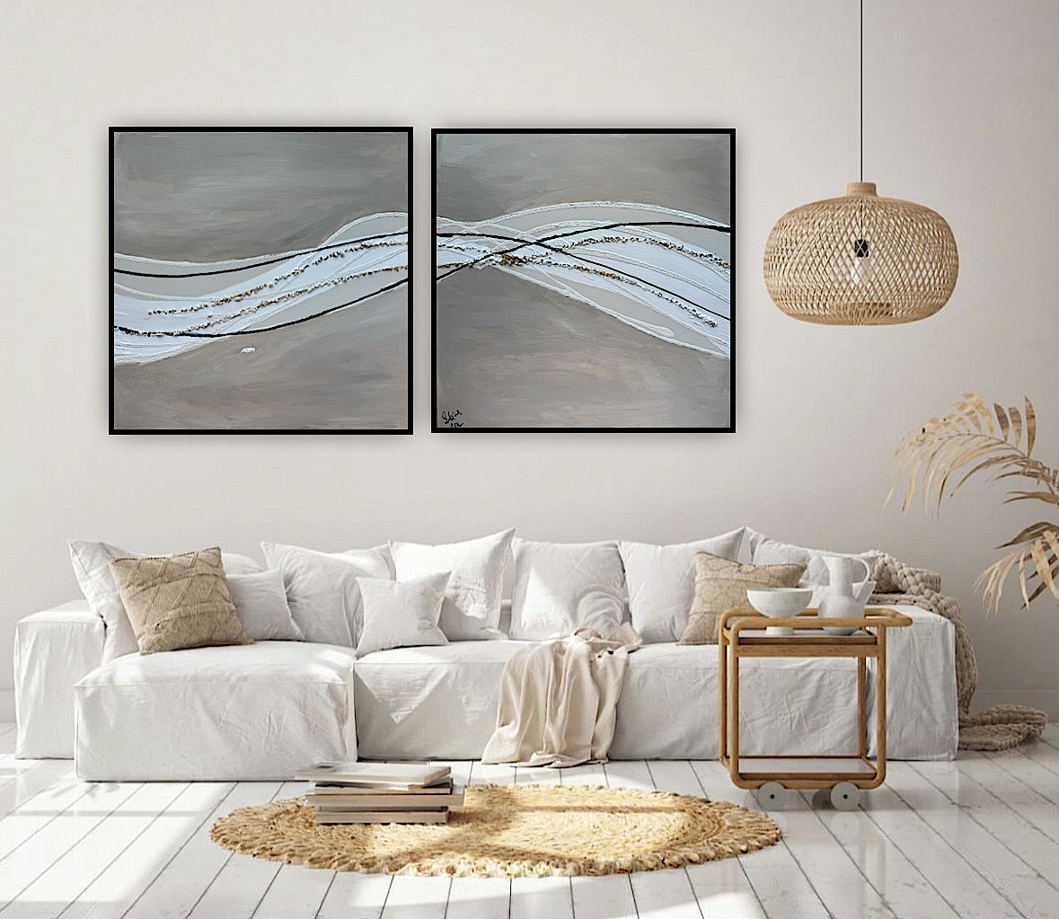 Set of 2 Modern Abstract Original Paintings On Canvas textured ‘Pebbles’  61 x 61cm each