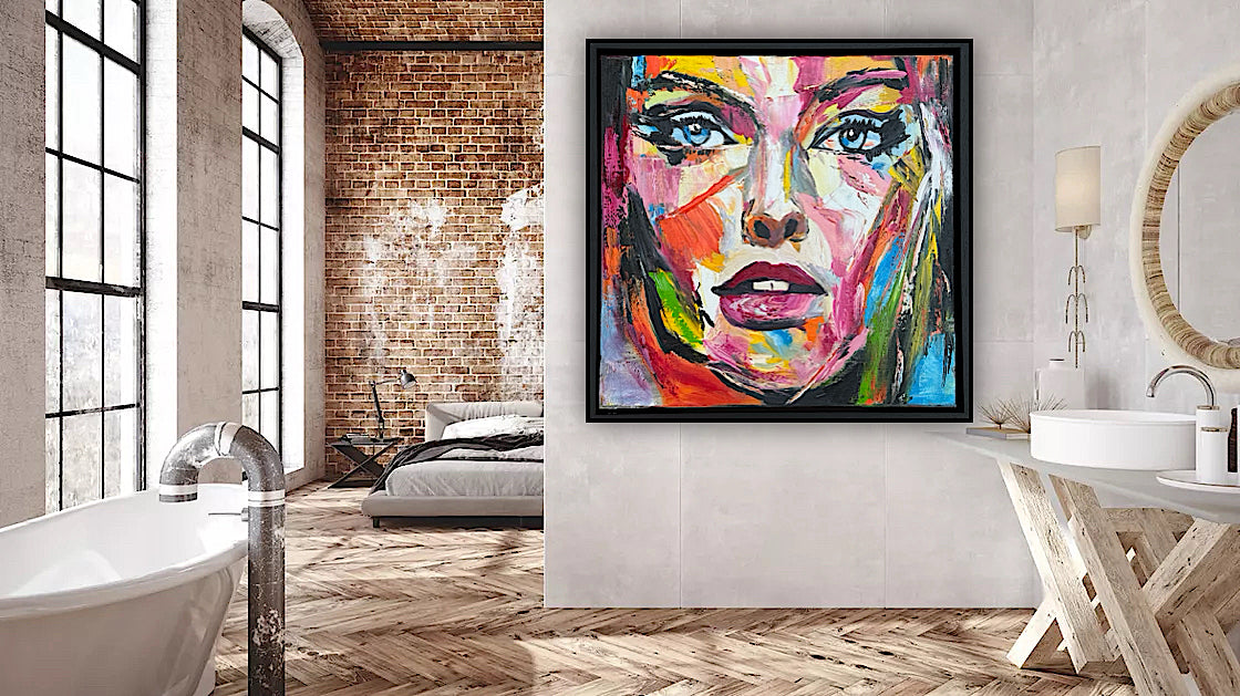 Framed in black frame Original Abstract contemporary Oil Painting On Canvas 54 x 54cm Wild Muse woman portrait