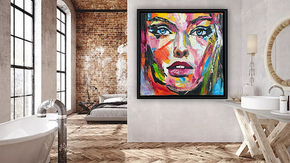 Framed in black frame Original Abstract contemporary Oil Painting On Canvas 54 x 54cm Wild Muse woman portrait