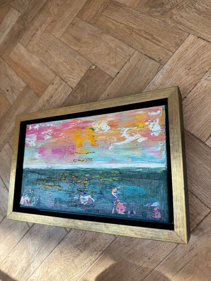 Framed in gold Original Abstract contemporary Oil Painting On Canvas 36x23cm textured Rose Gold sea