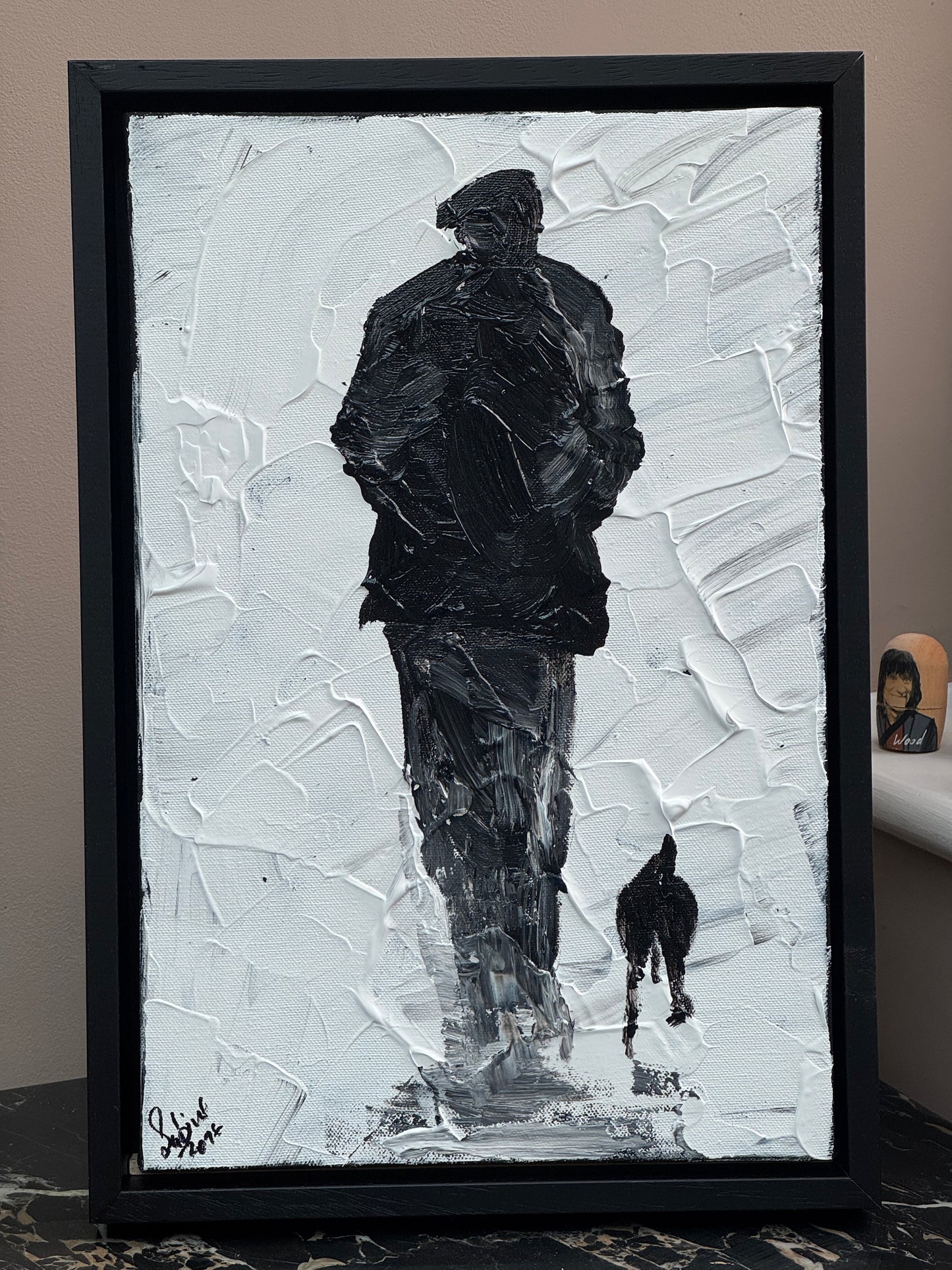 Framed Original Contemporary Abstract Oil Painting On Canvas 42cm x 29cm ‘ Pals’ man with a dog