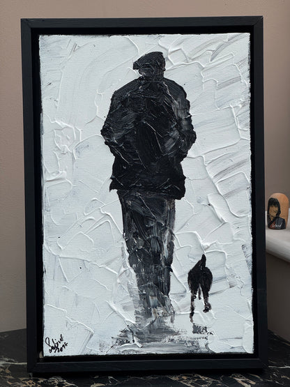 Framed Original Contemporary Abstract Oil Painting On Canvas 42cm x 29cm ‘ Pals’ man with a dog