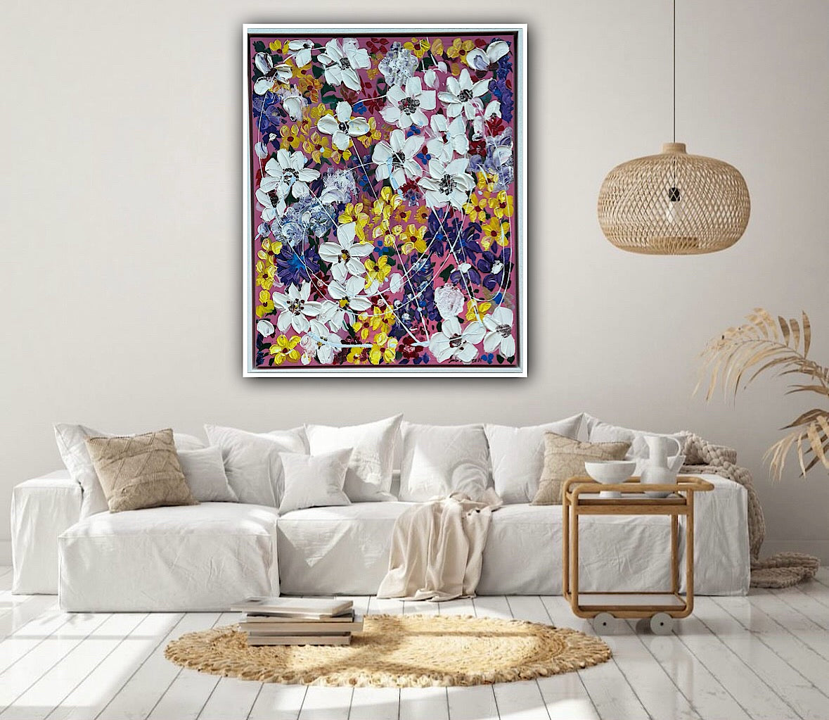 Framed Original Abstract Oil Painting On Canvas 80 x 65cm white flowers in bloom textured framed