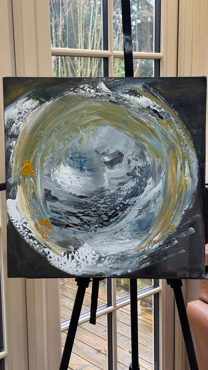 Original Abstract mixed media oil acrylic wax Painting On Canvas 50x50cm Gold & Ash Orbit oka