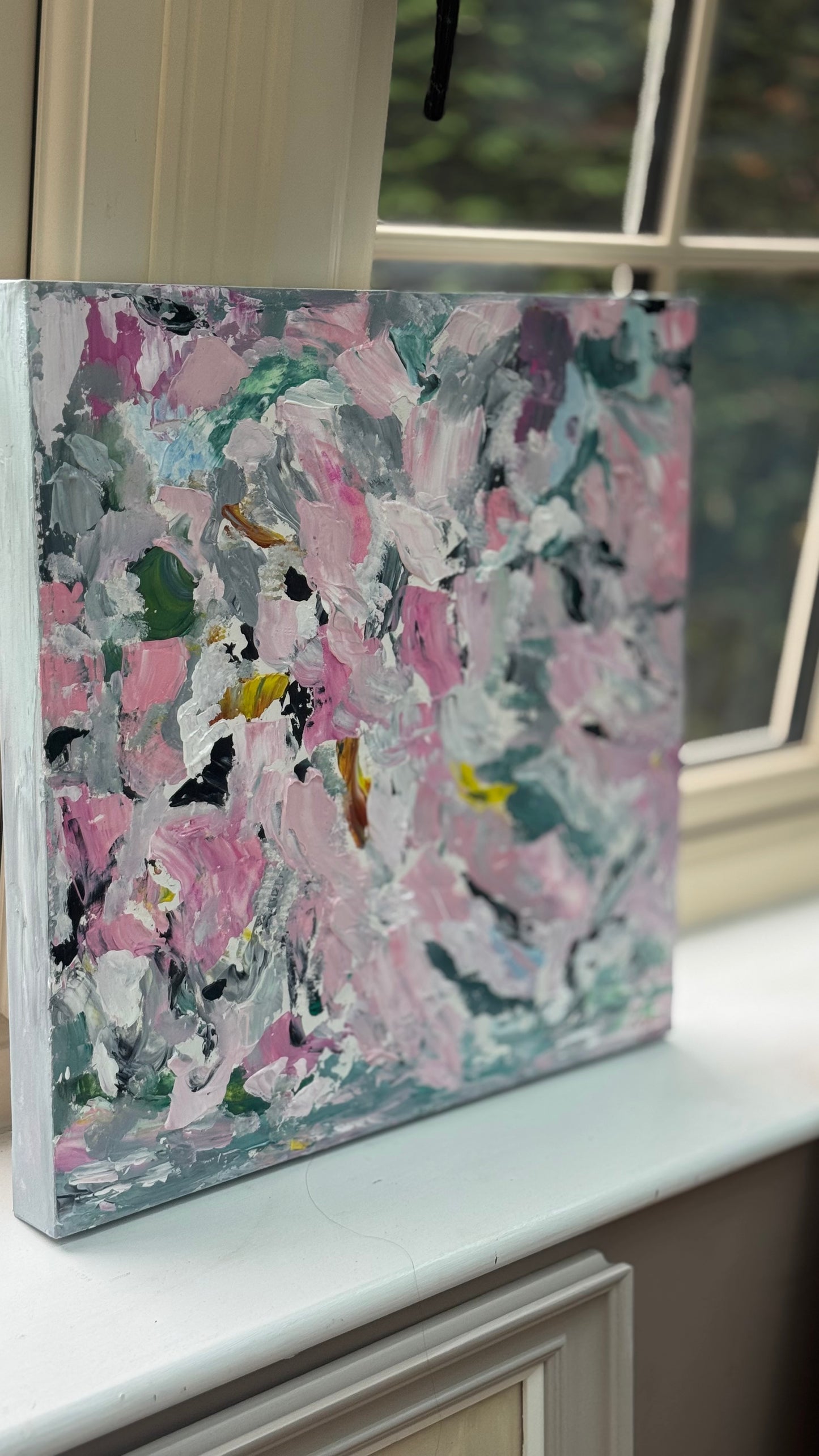 Large Abstract Original Oil Painting On 50x50cm canvas textured Painting ‘Pink Fusion’ Oka framed in solid oak frame