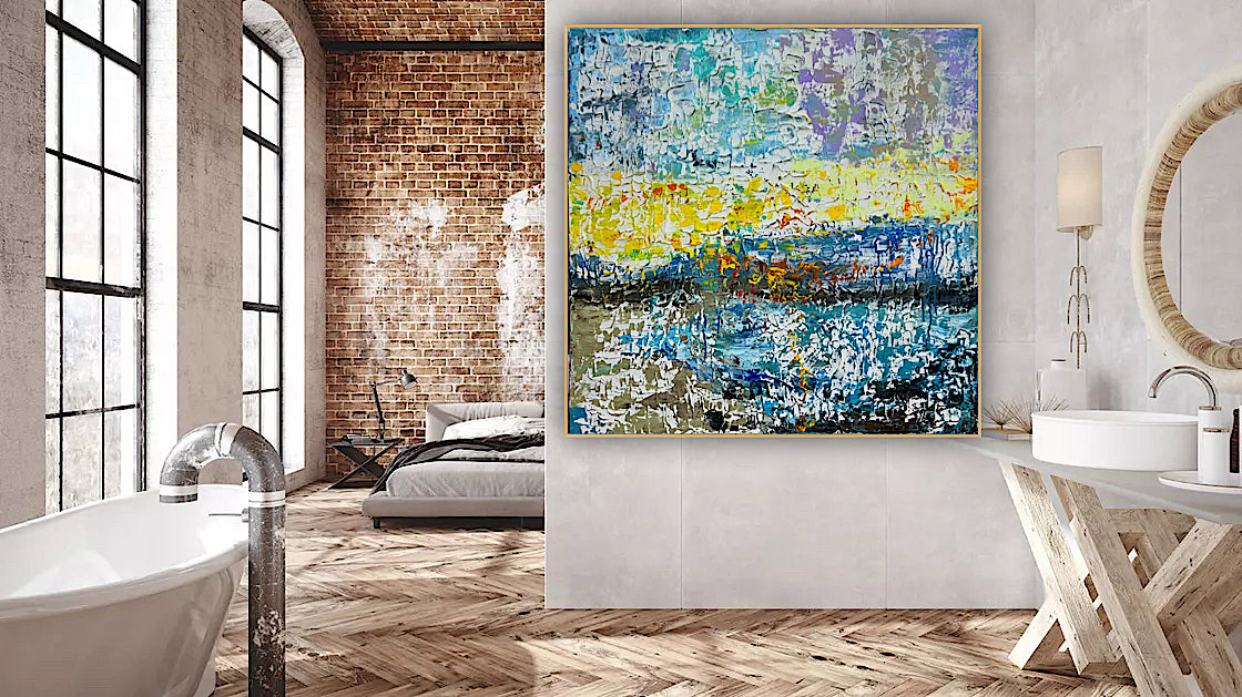 Original Abstract Oil Painting On Canvas Textured 100x100cm  Tides of Radiance (seaside)