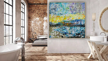 Original Abstract Oil Painting On Canvas Textured 100x100cm  Tides of Radiance (seaside)