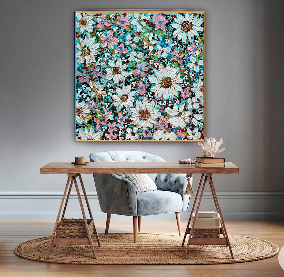 Original Abstract Oil Painting On deep edge Canvas 100x100cm Daisies & more Flowers Textured