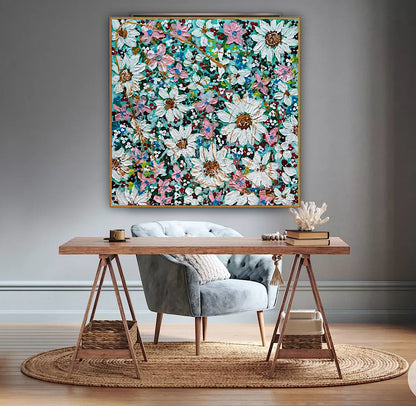 Original Abstract Oil Painting On deep edge Canvas 100x100cm Daisies & more Flowers Textured