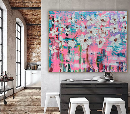 Large Abstract Original Oil Painting On 100x77cm canvas ‘White Flowers ’ vogue oka
