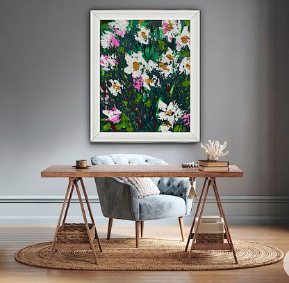 Original Abstract Oil Painting On Canvas board 60 x 50cm garden white flowers I Oka