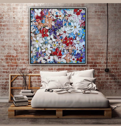 Framed Original Abstract Oil Painting On Canvas 80x80cm Roses & more Flowers Textured