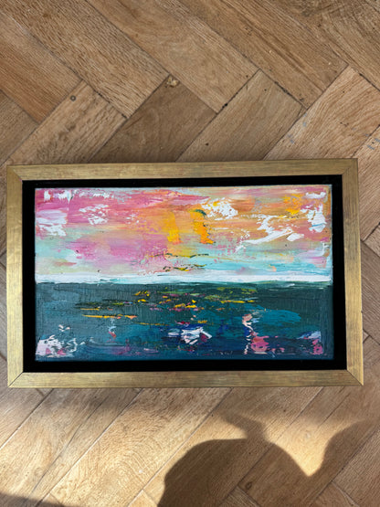 Framed in gold Original Abstract contemporary Oil Painting On Canvas 36x23cm textured Rose Gold sea